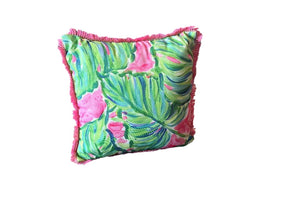Pink & Green Floral Pillow Pink Fringe 18"