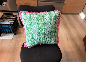 Pink & Green Floral Pillow Pink Fringe 18"