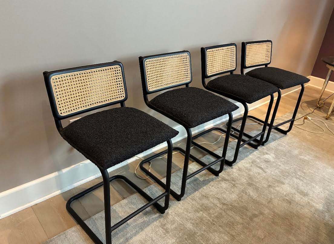 Cane Back Black Upholstered Seat Stools 23" Seat H (Set of 4)