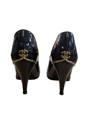 CHANEL Chause Ouevertes Marine Fonce Navy Blue Peep Toe Heels In Box With Authentication