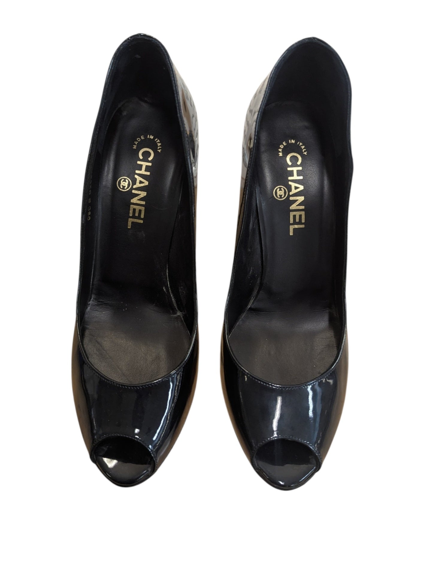 CHANEL Chause Ouevertes Marine Fonce Navy Blue Peep Toe Heels In Box With Authentication