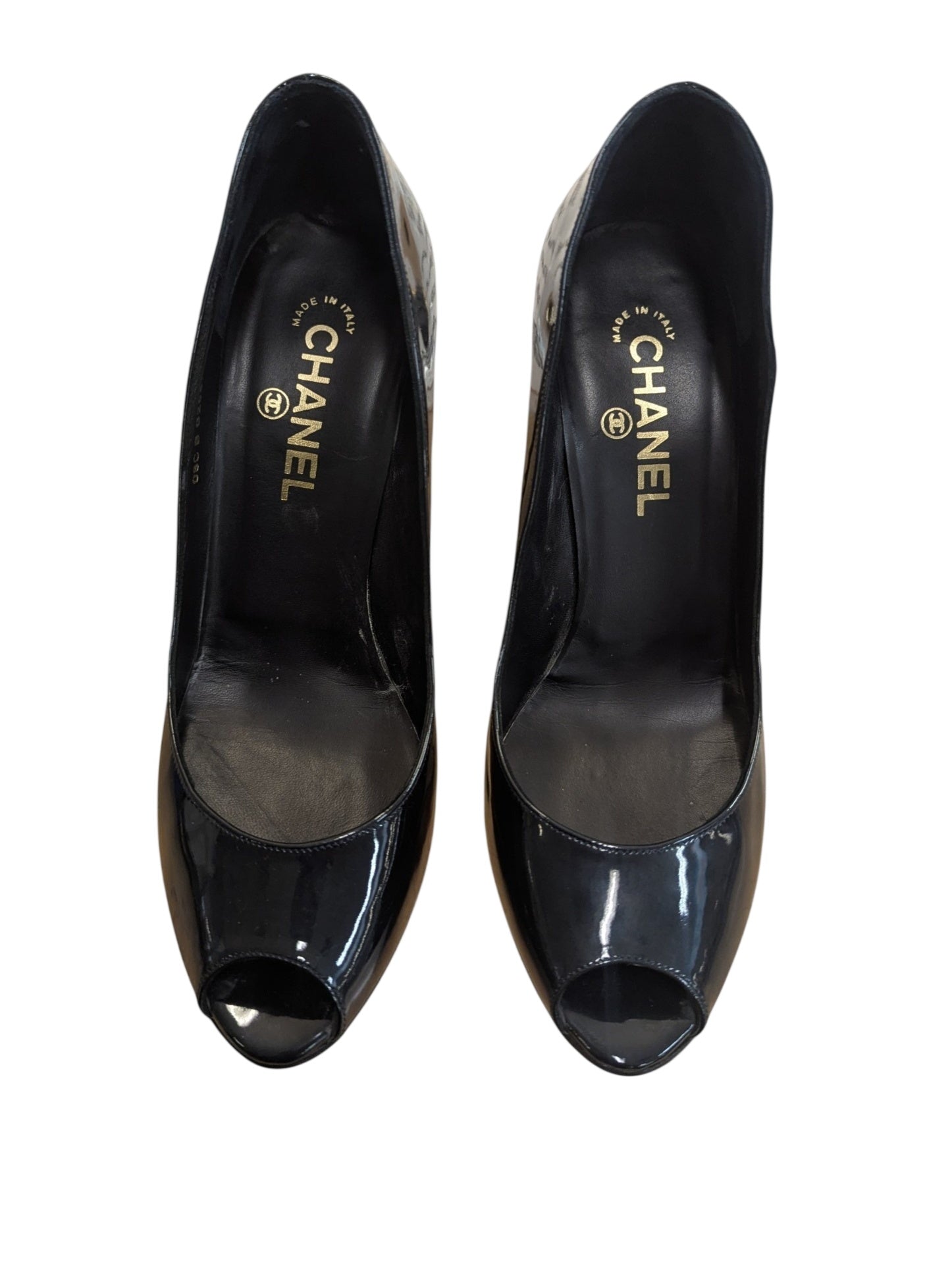 CHANEL Chause Ouevertes Marine Fonce Navy Blue Peep Toe Heels In Box With Authentication