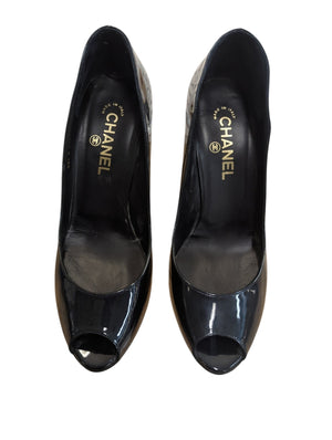CHANEL Chause Ouevertes Marine Fonce Navy Blue Peep Toe Heels In Box With Authentication