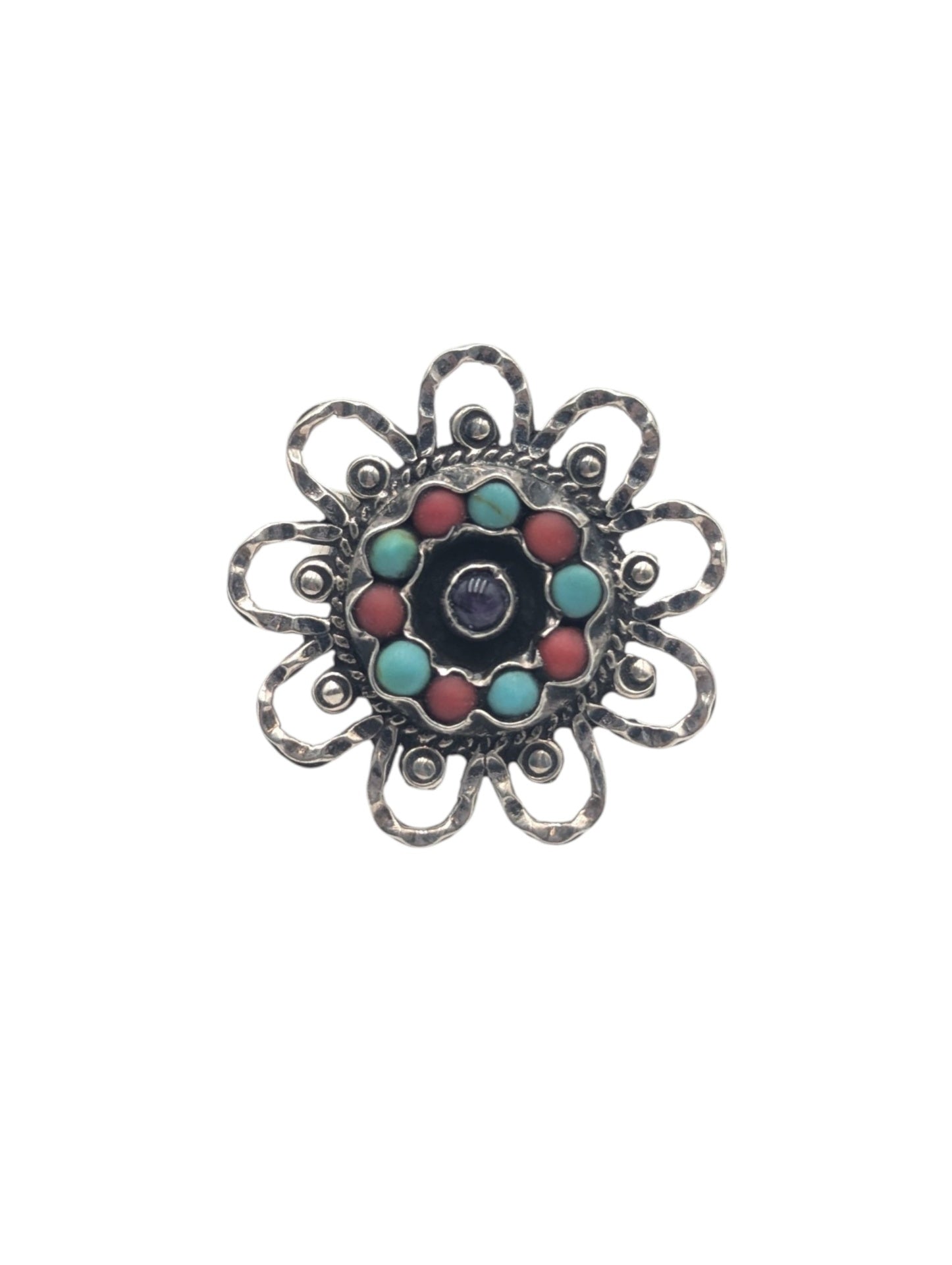 Ring Silver w/ Amethyst, Coral & Turquoise