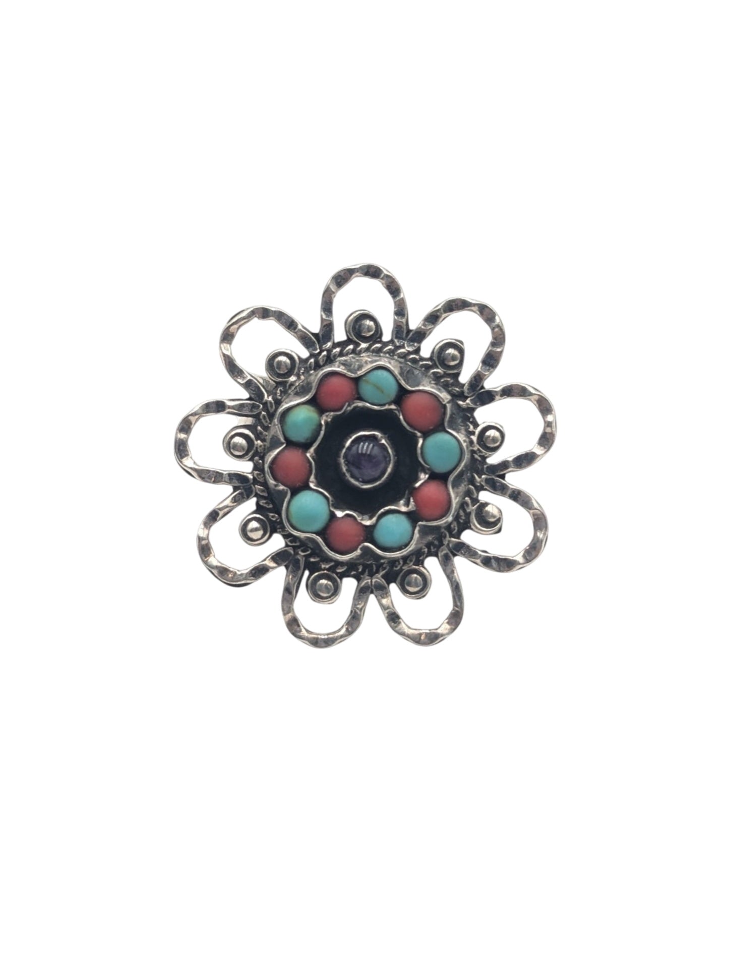 Ring Silver w/ Amethyst, Coral & Turquoise