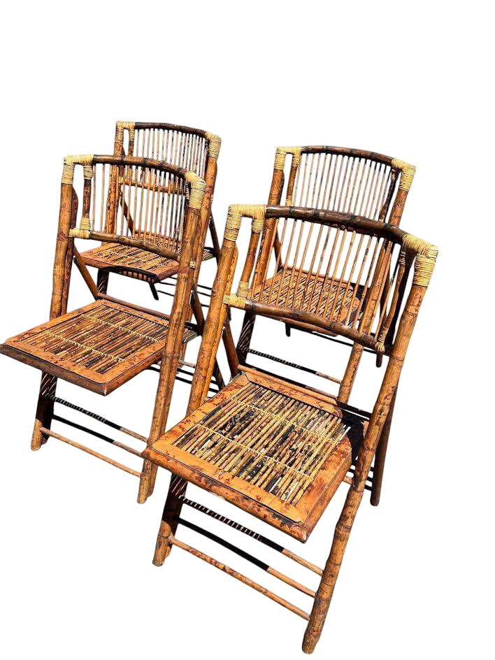 Vintage Tortoise Shell Bamboo Wrapped Joint Slat Seat Folding Chairs Set of 4