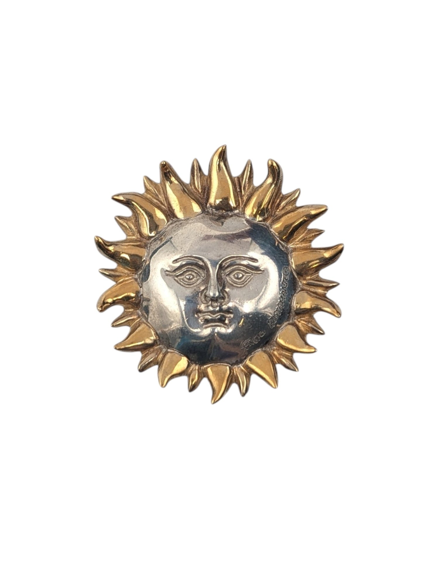 Brooch Gold Plate & Sterling Silver Sun w/ Face