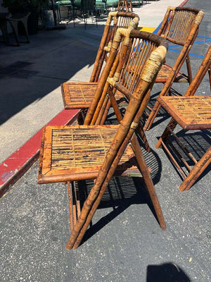 Vintage Tortoise Shell Bamboo Wrapped Joint Slat Seat Folding Chairs Set of 4