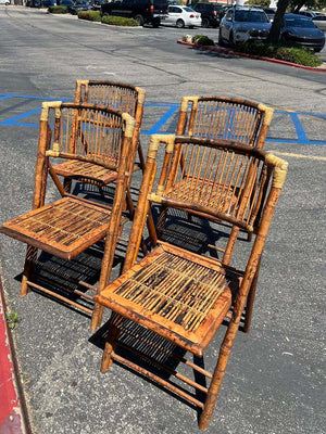 Vintage Tortoise Shell Bamboo Wrapped Joint Slat Seat Folding Chairs Set of 4