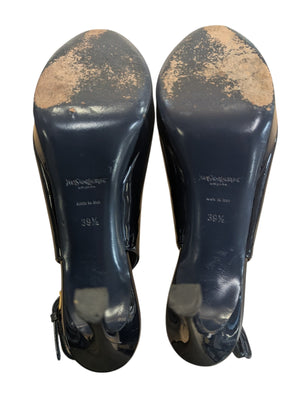 YSL Slingback Patent Leather Heels Navy Blue 39.5 Made in Italy