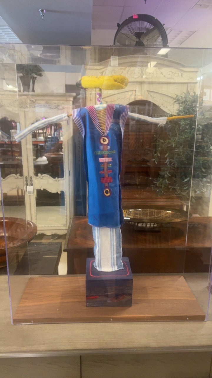 Handcrafted Textile Folk Art Figure in Display Case Blue Shirt