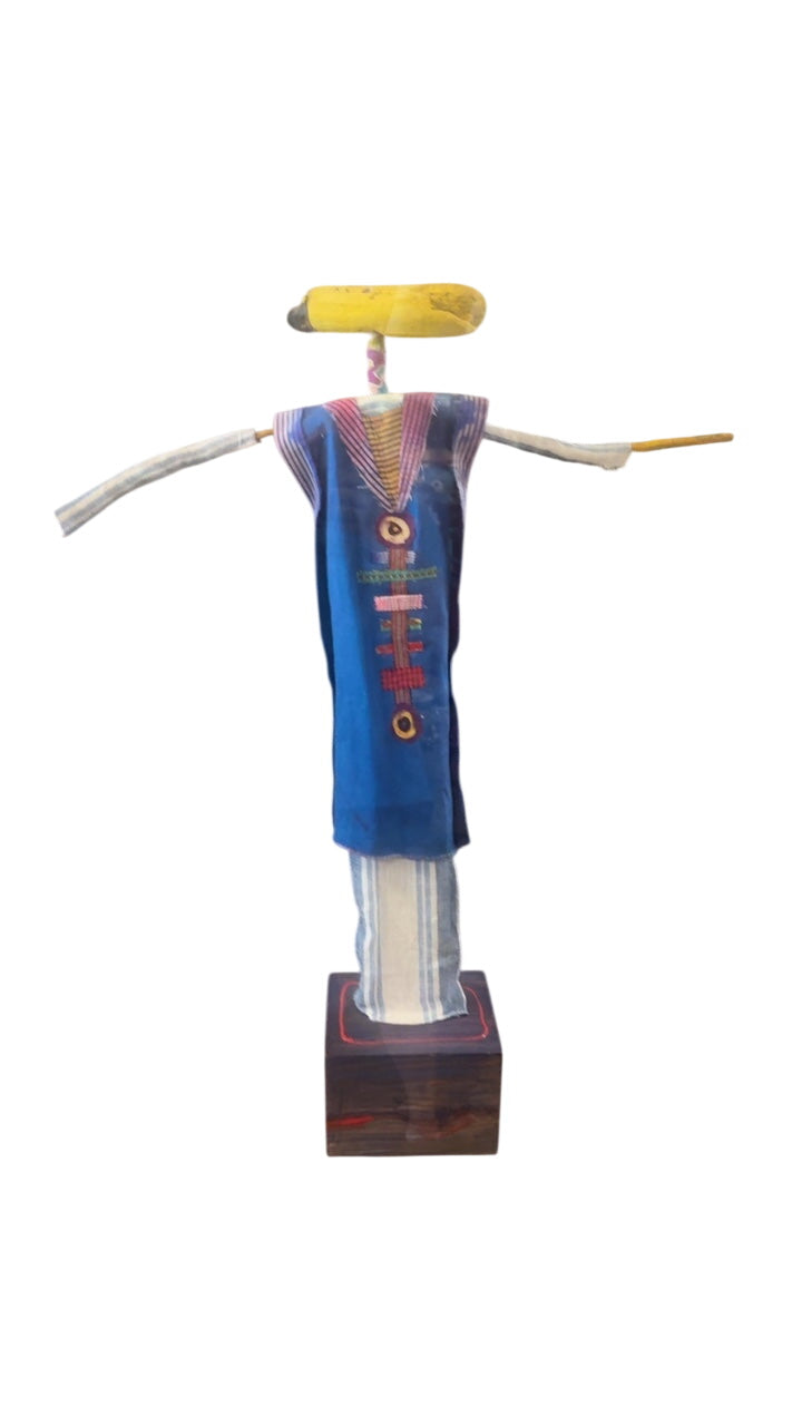 Handcrafted Textile Folk Art Figure in Display Case Blue Shirt