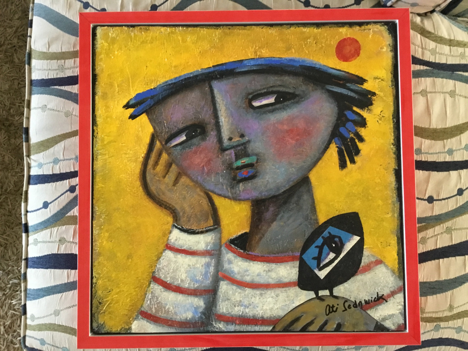Original mixed media painting “About That Bird” by Ati Sedgwick framed 21 3/4 in x 21 3/4 in x 2 3/8 in