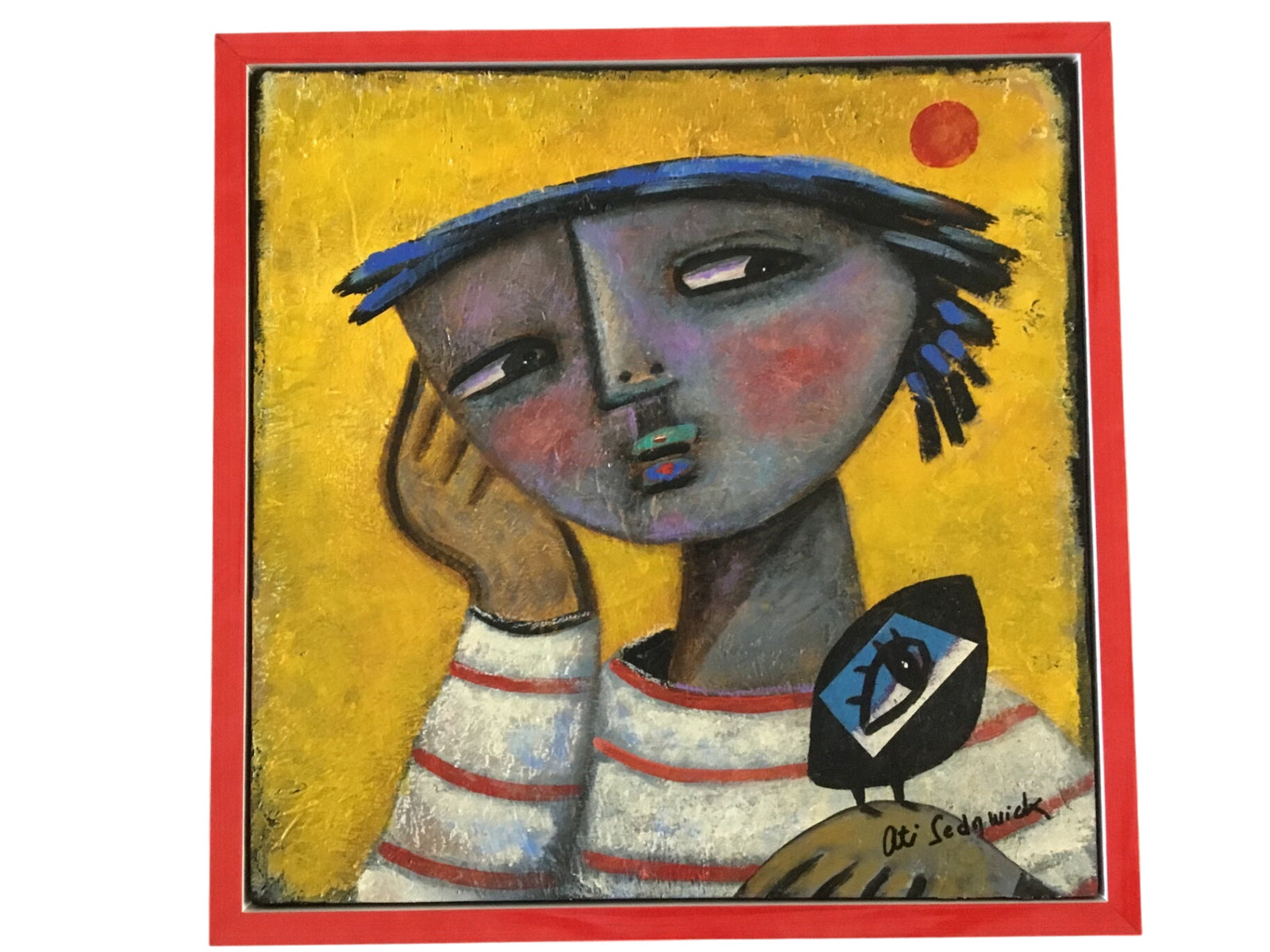 Original mixed media painting “About That Bird” by Ati Sedgwick framed 21 3/4 in x 21 3/4 in x 2 3/8 in