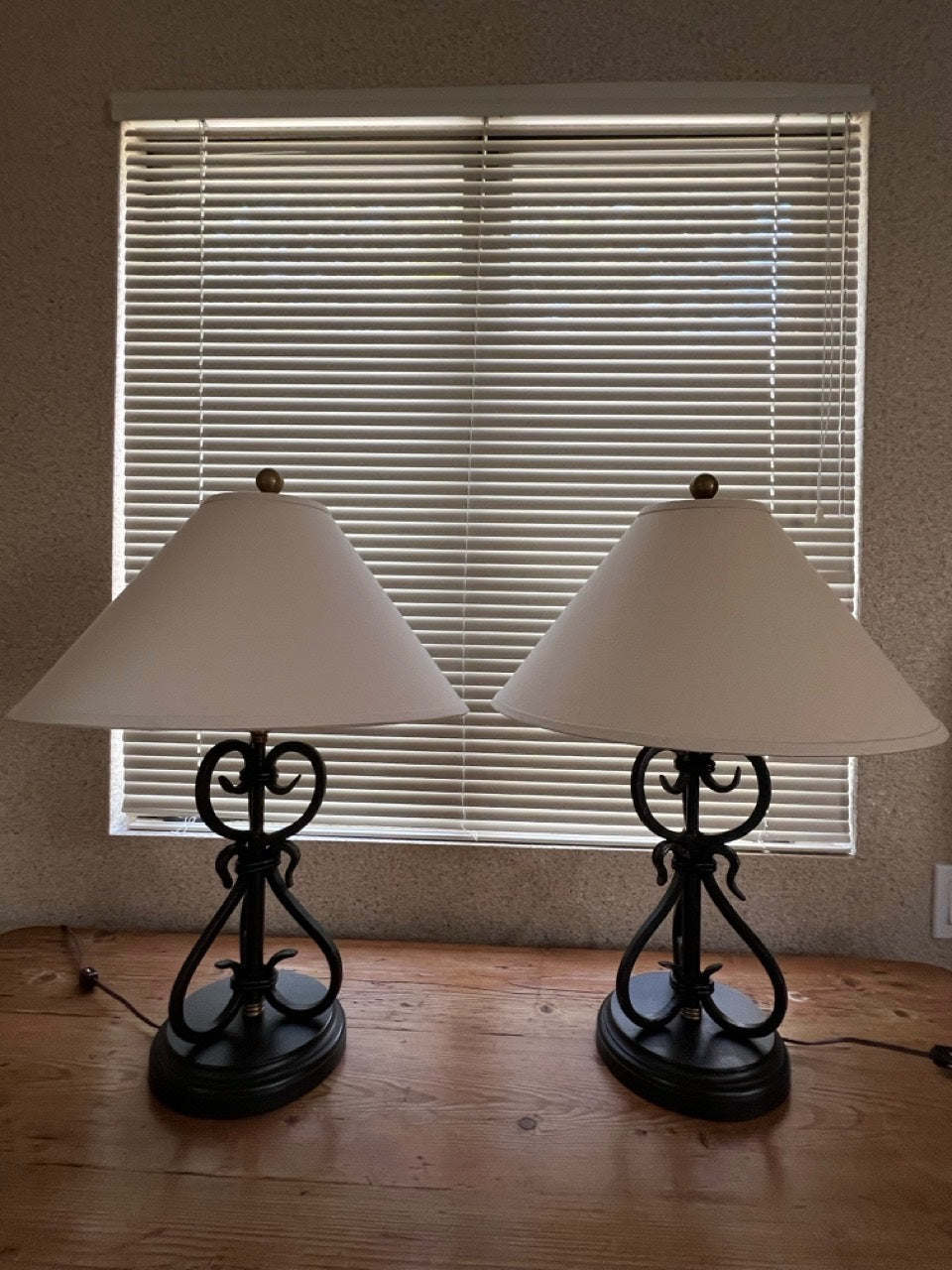 2  Wrought Iron Lamps with Linen Shades (pair)