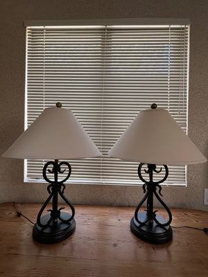 2  Wrought Iron Lamps with Linen Shades (pair)