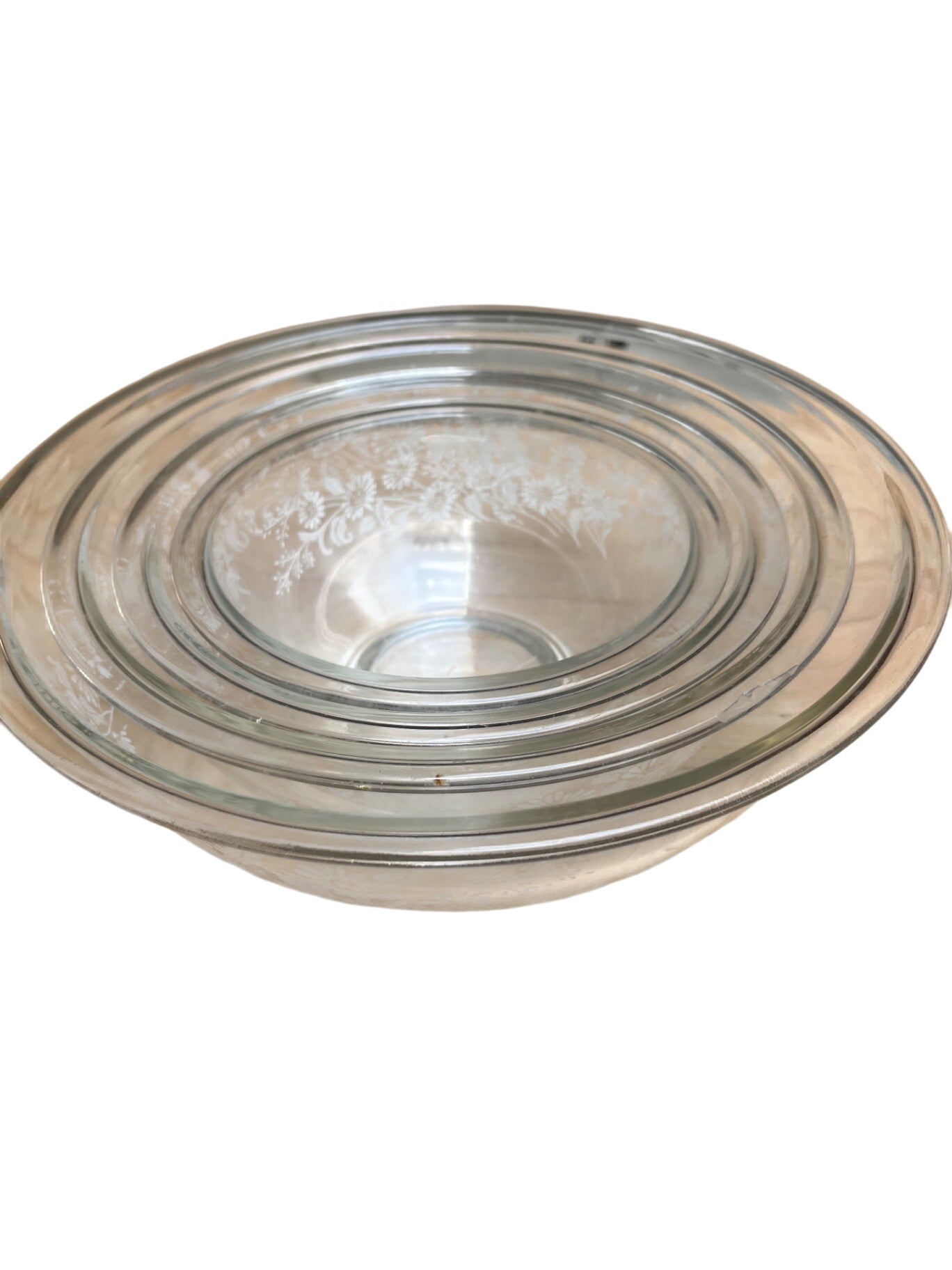 Set of 4 mixing bowls with etched flowers