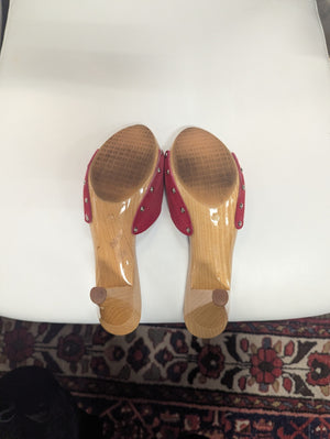 CHANEL Mules Red Wood & Suede Heels Size 40