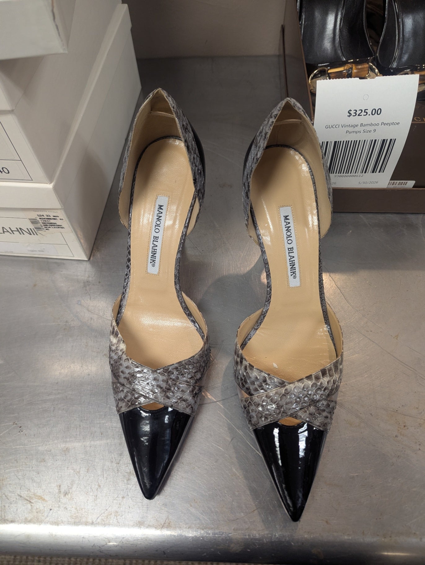 MANOLO BLAHNIK Icrux Grey Beige Criss Cross D'Orsay Heels Size 40