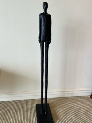 Giacometti Style Black Patinated Solid Cast Metal Elongated Standing Man Sculpture 47" Tall (Crack)