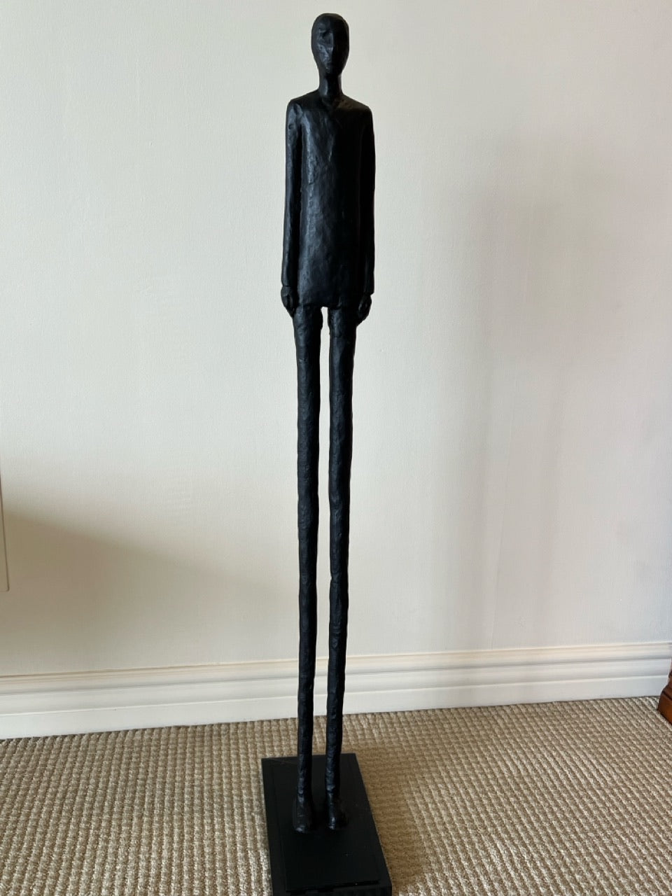 Giacometti Style Black Patinated Solid Cast Metal Elongated Standing Man Sculpture 47" Tall (Crack)