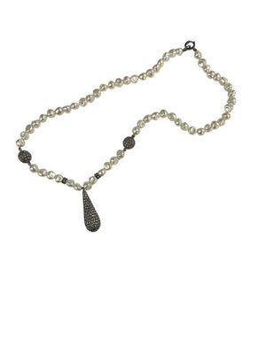 Freshwater Baroque Pearl Choker Necklace Teardrop Marcasite Pendant & Accent Beads Sterling Silver Lobster Claw Clasp 18" L In Vintage Saks Fifth Ave. Gift Box