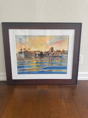 Santa Barbara Harbor Scene Watercolor 30x35 Signed