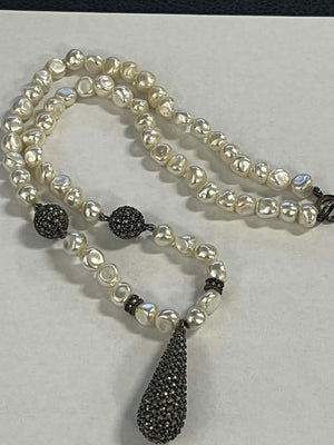 Freshwater Baroque Pearl Choker Necklace Teardrop Marcasite Pendant & Accent Beads Sterling Silver Lobster Claw Clasp 18" L In Vintage Saks Fifth Ave. Gift Box