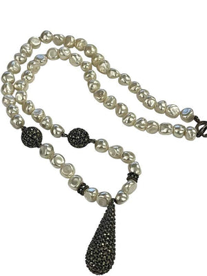 Freshwater Baroque Pearl Choker Necklace Teardrop Marcasite Pendant & Accent Beads Sterling Silver Lobster Claw Clasp 18" L In Vintage Saks Fifth Ave. Gift Box
