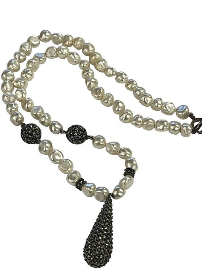 Freshwater Baroque Pearl Choker Necklace Teardrop Marcasite Pendant & Accent Beads Sterling Silver Lobster Claw Clasp 18" L In Vintage Saks Fifth Ave. Gift Box