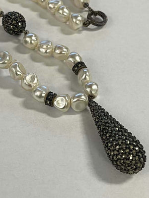 Freshwater Baroque Pearl Choker Necklace Teardrop Marcasite Pendant & Accent Beads Sterling Silver Lobster Claw Clasp 18" L In Vintage Saks Fifth Ave. Gift Box