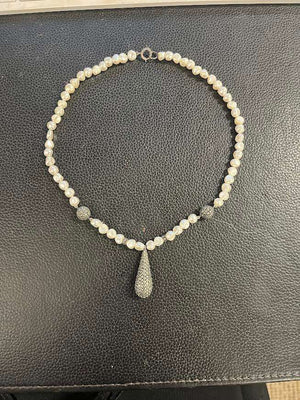 Freshwater Baroque Pearl Choker Necklace Teardrop Marcasite Pendant & Accent Beads Sterling Silver Lobster Claw Clasp 18" L In Vintage Saks Fifth Ave. Gift Box