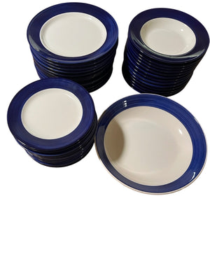 Italian Blue Rimmed Dish Set William Sonoma “Newport” 13 Dinner Plates 10in, 13 Salad Plates 8in, 13 soup bowls 9in, 1 Serving Bowl 12in