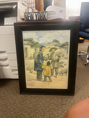 Vintage Gouache Depicting Chinese Village Life Poster On Board Antique Carved Wood Black Laquer Frame31x24.5