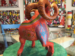 Hand Painted Alebrije Wooden Ram Carving from Oaxaca Mex