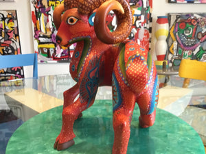 Hand Painted Alebrije Wooden Ram Carving from Oaxaca Mex
