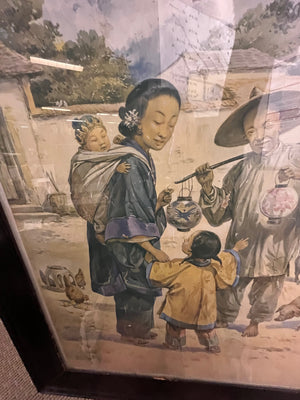 Vintage Gouache Depicting Chinese Village Life Poster On Board Antique Carved Wood Black Laquer Frame31x24.5