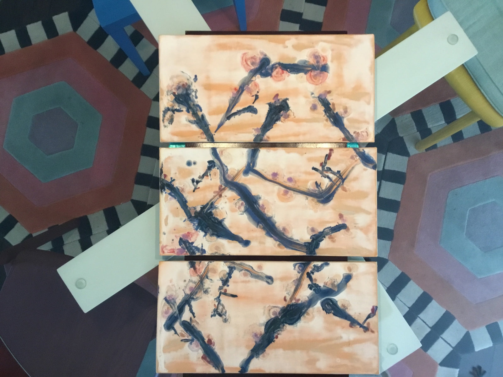 Kristi Sloniger, Handmade Abstract 3 Panel Ceramic Wall Art Three vertically stacked rectangular panels 25.5 in high, 16 in wide, 1 in deep.