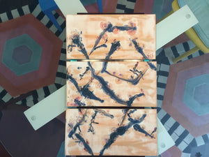 Kristi Sloniger, Handmade Abstract 3 Panel Ceramic Wall Art Three vertically stacked rectangular panels 25.5 in high, 16 in wide, 1 in deep.