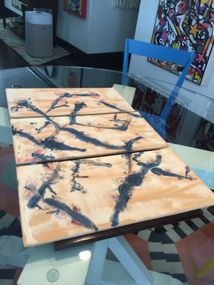 Kristi Sloniger, Handmade Abstract 3 Panel Ceramic Wall Art Three vertically stacked rectangular panels 25.5 in high, 16 in wide, 1 in deep.