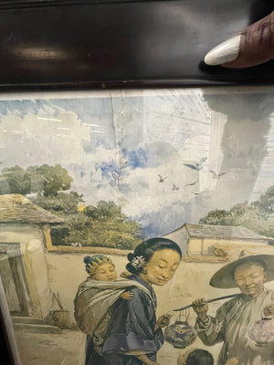 Vintage Gouache Depicting Chinese Village Life Poster On Board Antique Carved Wood Black Laquer Frame31x24.5