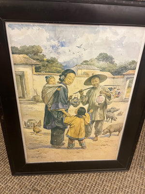Vintage Gouache Depicting Chinese Village Life Poster On Board Antique Carved Wood Black Laquer Frame31x24.5