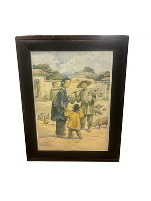 Vintage Gouache Depicting Chinese Village Life Poster On Board Antique Carved Wood Black Lacquer Frame 31x24.5
