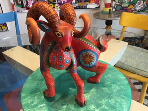 Hand Painted Alebrije Wooden Ram Carving from Oaxaca Mex