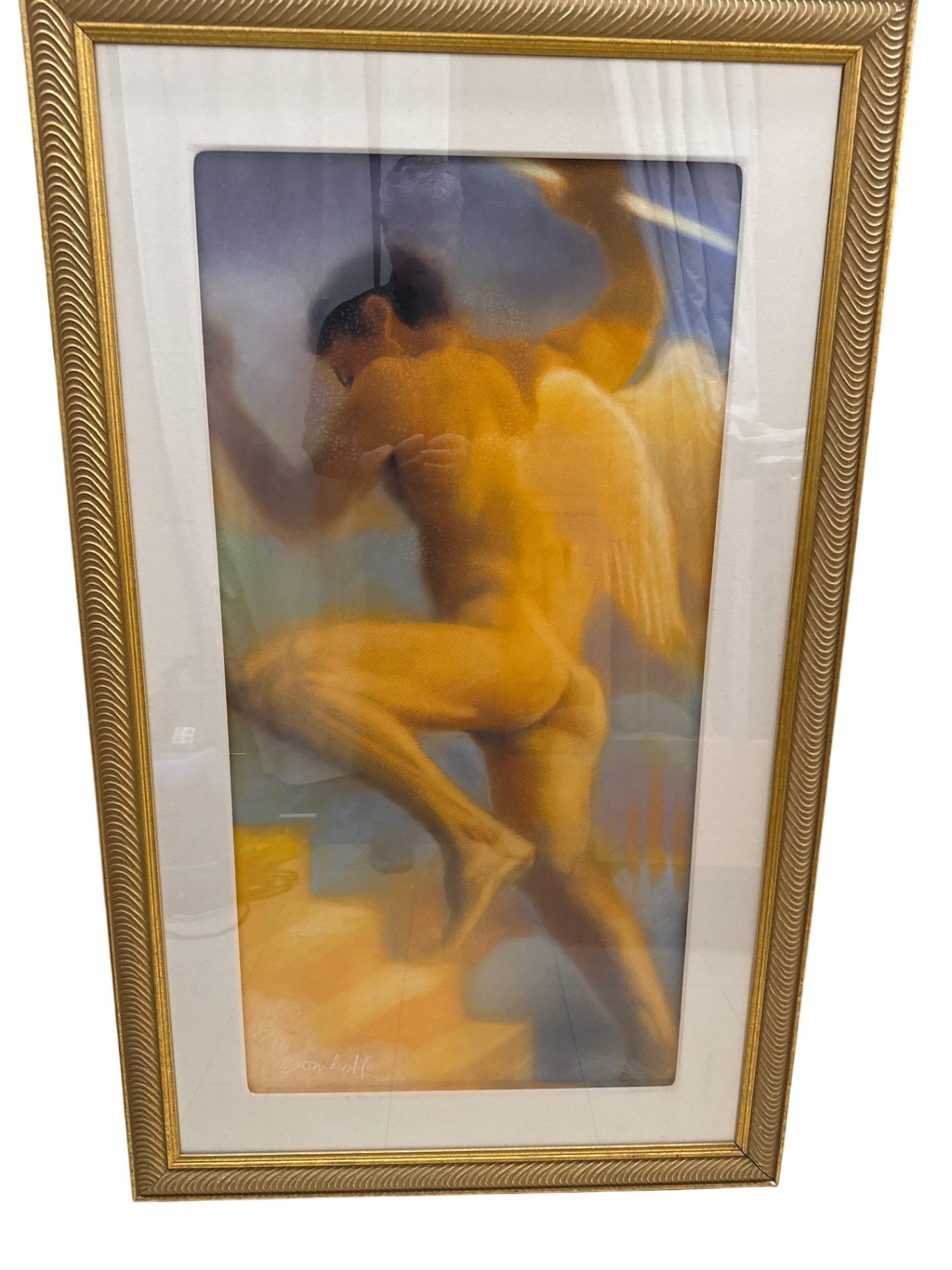 Pastel male nude angel, ascending stairway to heaven measures 55 x 34