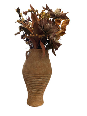 Ribbed Terracotta Amphora Style Olive Jar Vase With Handles & Faux Floral Bouquet 20" (Small Chip)