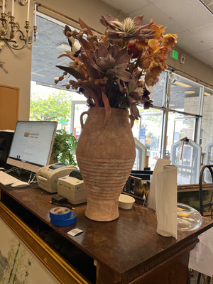 Ribbed Terracotta Amphora Style Olive Jar Vase With Handles & Faux Floral Bouquet 20" (Small Chip)