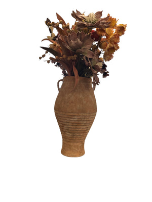 Ribbed Terracotta Amphora Style Olive Jar Vase With Handles & Faux Floral Bouquet 20" (Small Chip)