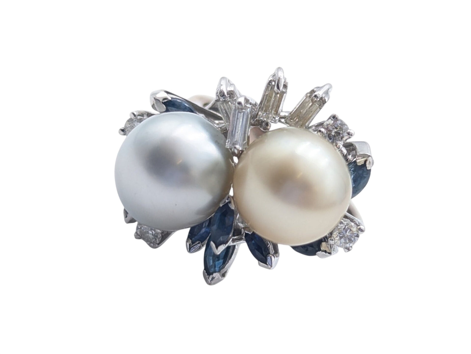 Ring 18k White Gold South Sea Pearl x2 w/ Diamonds & Sapphires