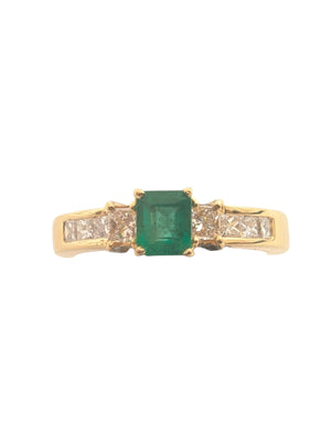 Ring 18k Yellow Gold Center Emerald w/ Princess Cut Channel Diamonds